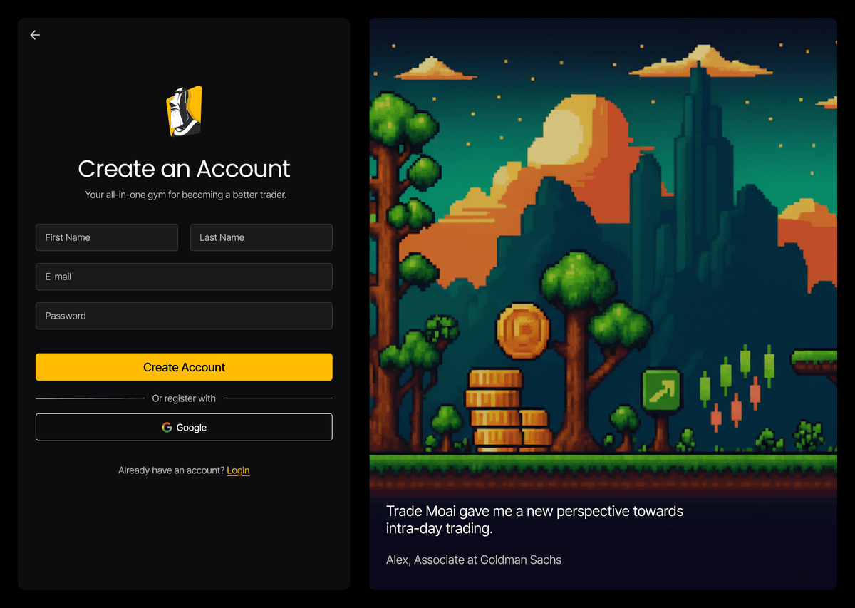 Trade Moai login screen